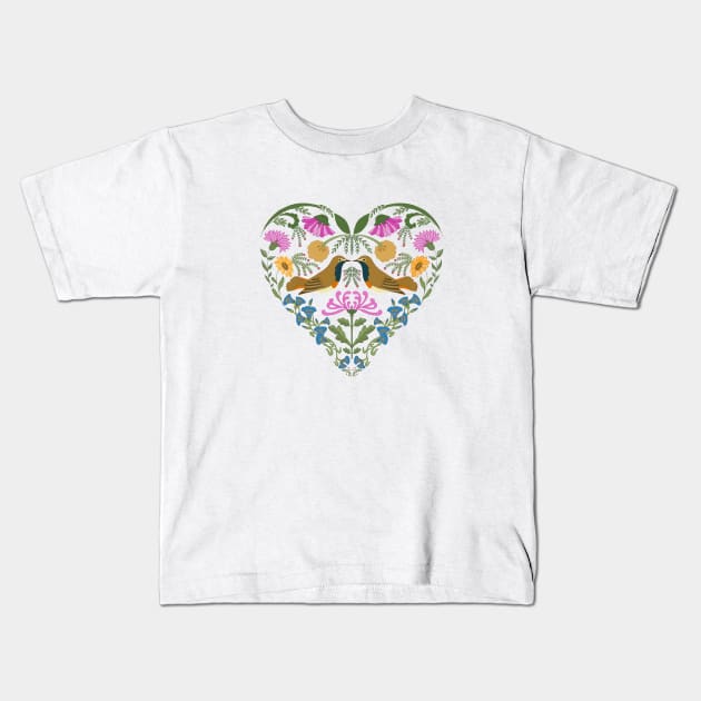Folk Art Love Birds Kids T-Shirt by Katia Galante Art
